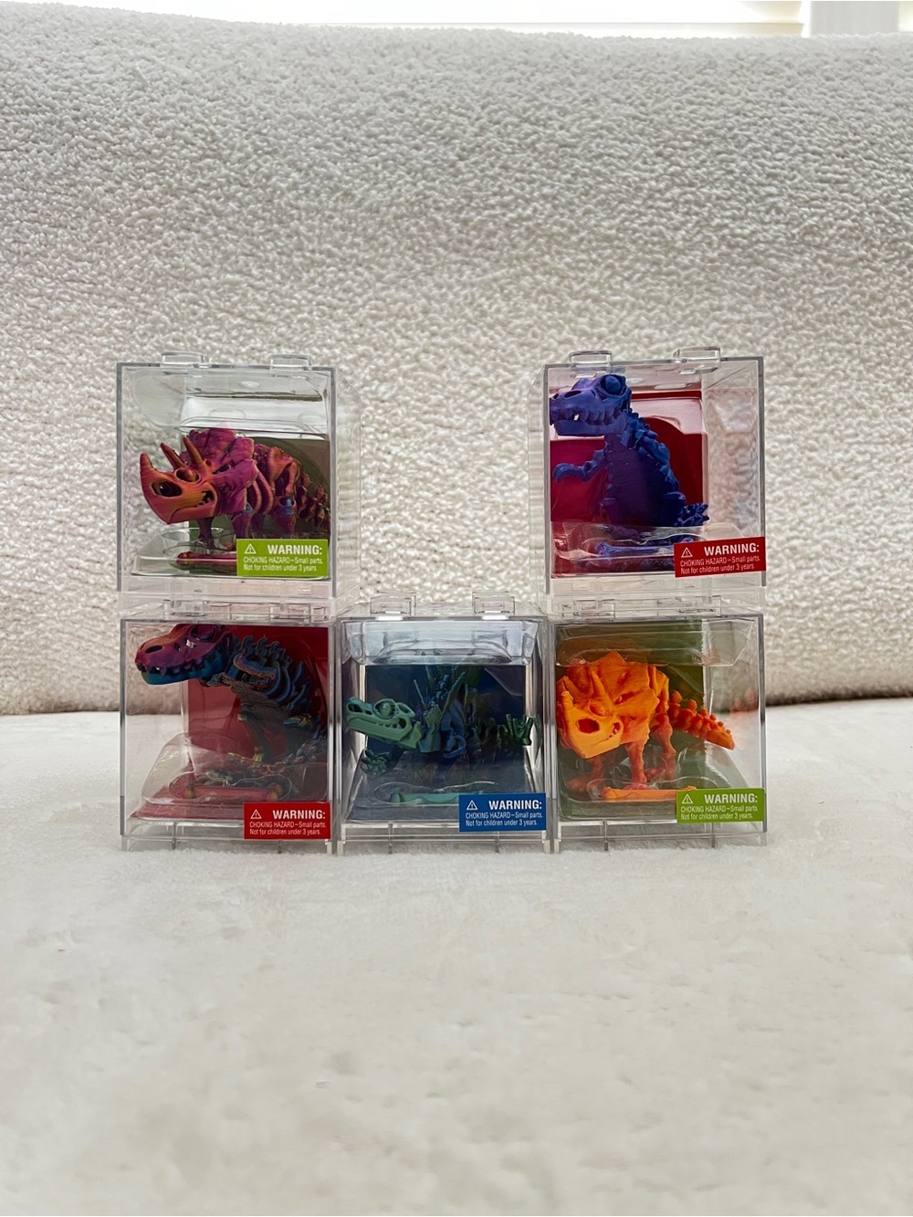 Lot of 5 3-D Printed Dino Toys Miniature In Clear Cube Box Flexible Age 3+ JA-Ru